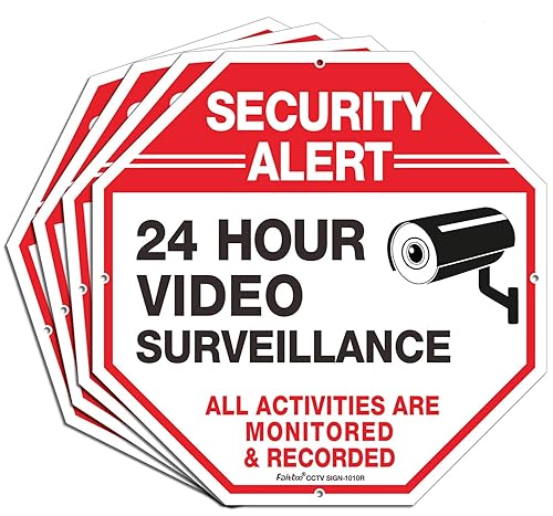 Video Surveillance Sign, 4 Pack 10 x 10 Rust Free .040 Aluminum Security Warning Reflective Metal Signs, Indoor or Outdoor Use for Home Business CCTV