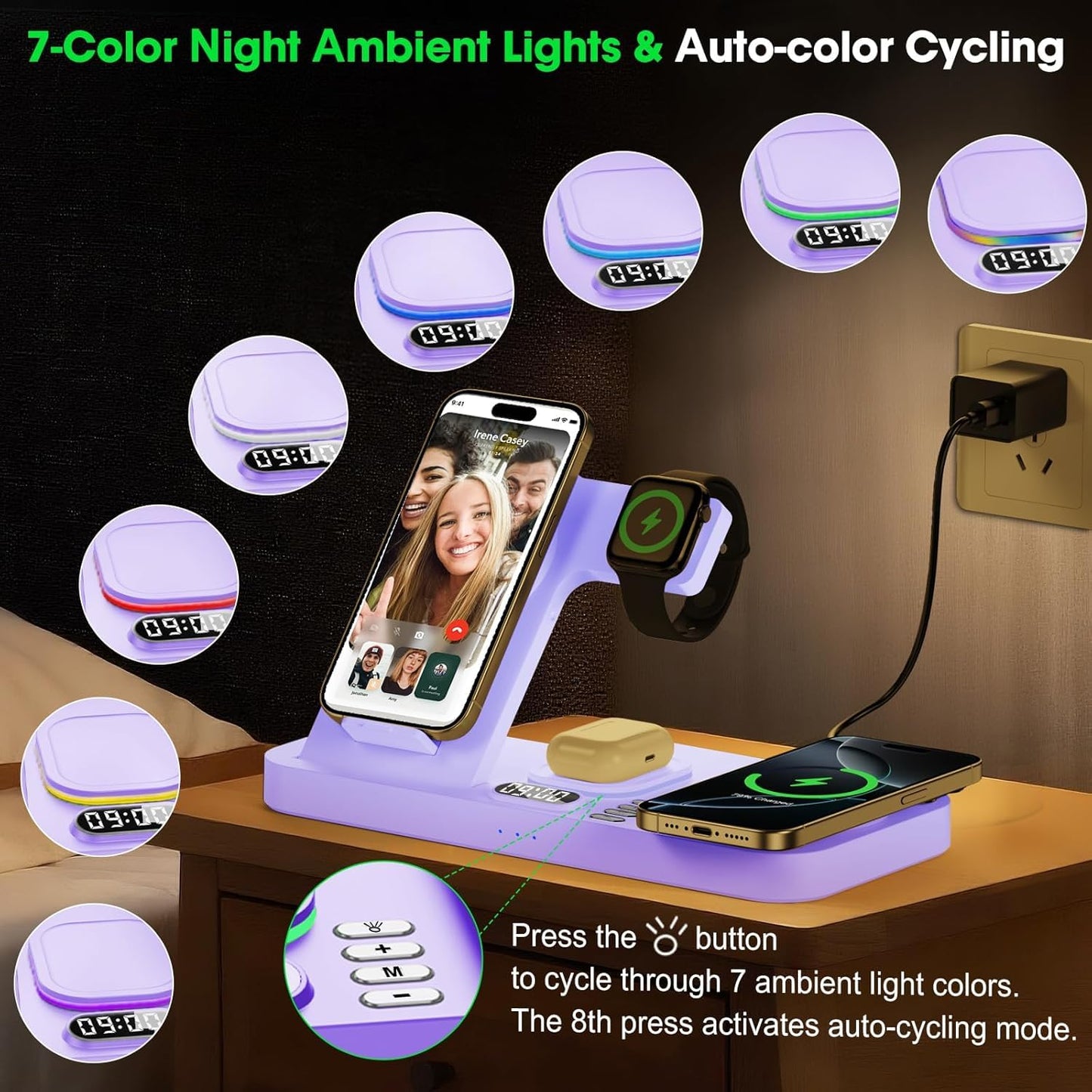 Dual Phone Wireless Charging Station for Apple Devices, Magnetic Charging Station for iPhone with Auto Switch 7-Color Light&Clock,Family Watch Charger