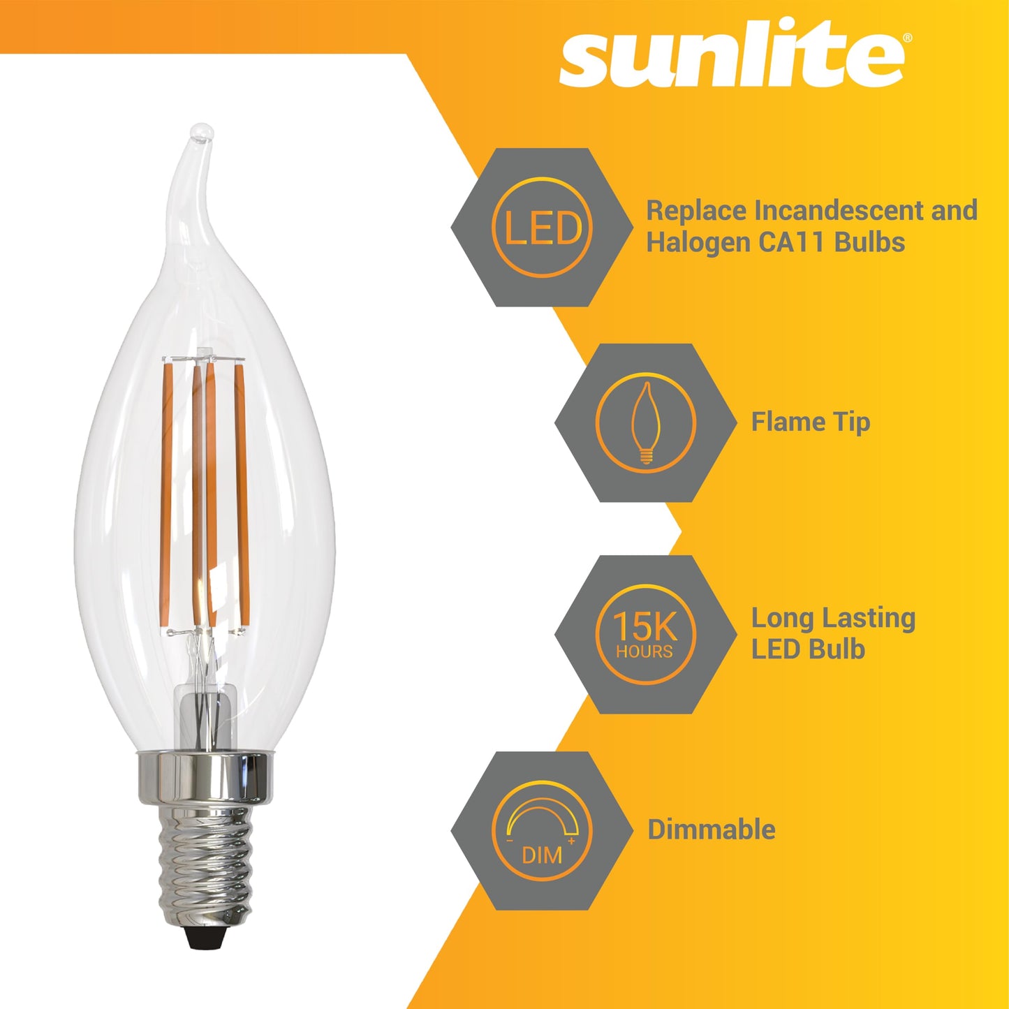 Sunlite LED Filament CA11 Flame Tip Chandelier Light Bulb, 5.5 Watts (60W=), 600 Lumens, Candelabra Base (E12), Edison Style, 90 CRI, Dimmable, UL