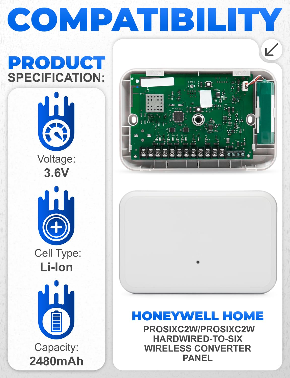 Rome Tech for Honeywell Home PROSIXC2W/PROSIXC2W Hardwired-to-SiX Converter Panel Series, PROSIXRPTR Encrypted Wireless Repeater - 3.6V 2480mAh…