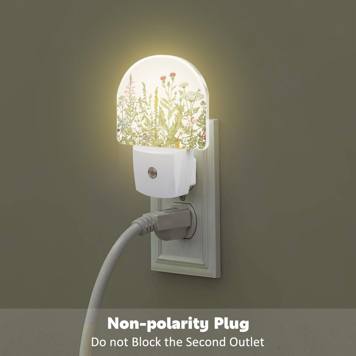 Herbs and Wild Flowers Night Light for Kids,Watercolor Green Botanical Floral Leaves Night Light Plug in with Dusk to Dawn Sensor,0.5w Energy Saving