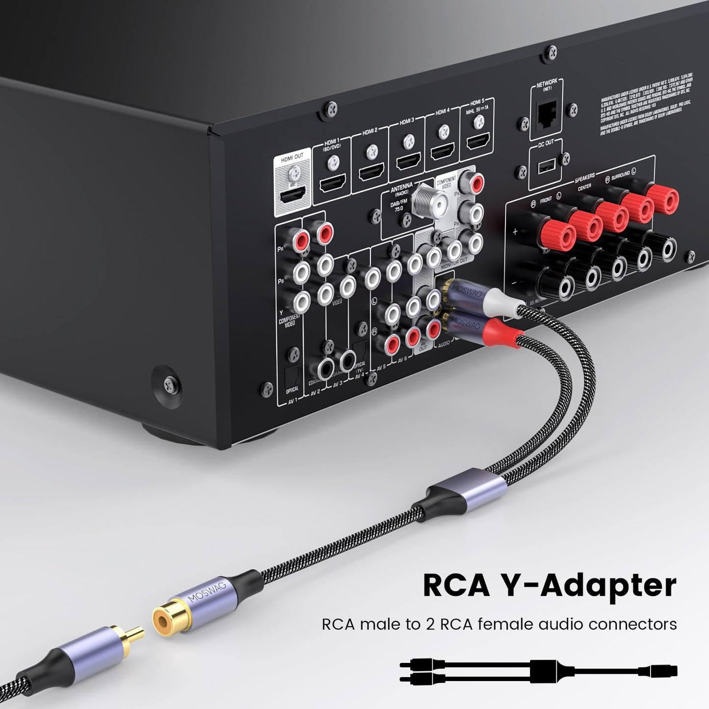 MOSWAG RCA Splitter, 1 Female to 2 Male, RCA Y Splitter Audio Video Cable Splitter Adapter for Amplifiers, Gaming Consoles, CD Player, Subwoofer, Home