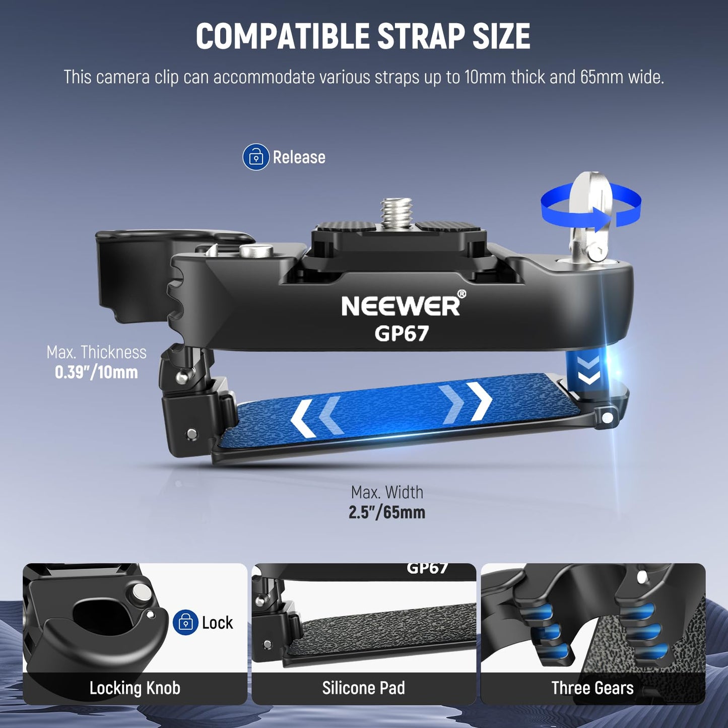 NEEWER Backpack Camera Clip Mount with Square QR Plate, Upgraded Safety Latch, Quick Release Camera Belt Clip Backpack Strap Compatible with PD QR
