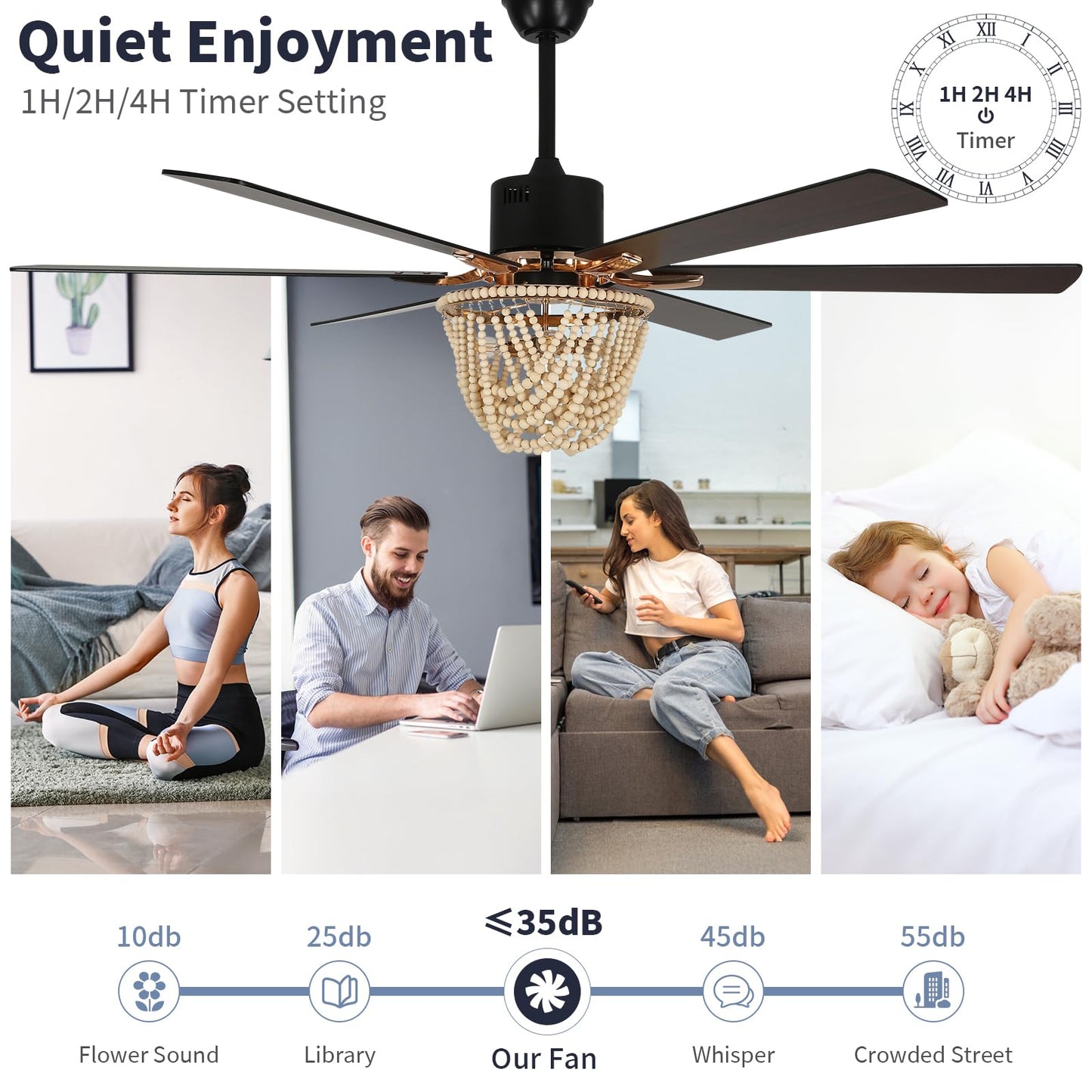 OYYPTDZM 65 Inch Ceiling Fan with Lights and Remote, Wooden Bead Fandelier