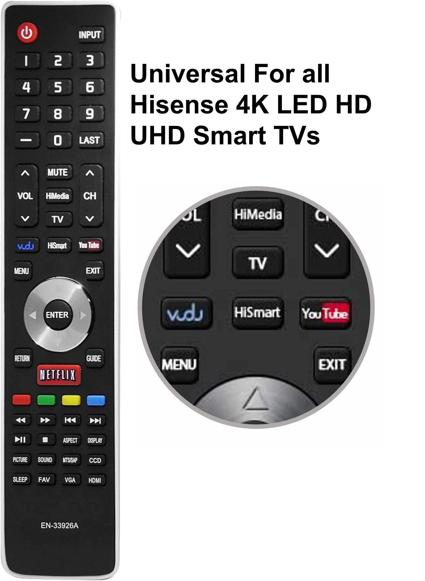 EN-33926A Remote Control Compatible with Hisense EN-33926A for Hisense Smart TV 32K20DW 32K20W 40K366WN 50K610GWN 55K610GWN 40H5 XV5849 32H5B 40H5B
