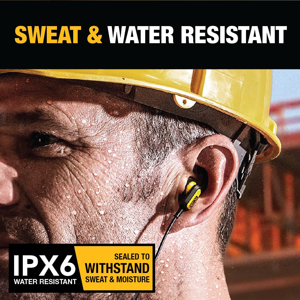 DEWALT Heavy Duty Wired Earphones with Microphone, Jobsite Earbuds Wired 3.5mm, Water-Resistant 3.5mm Earbuds with Mic, Connected Headphones
