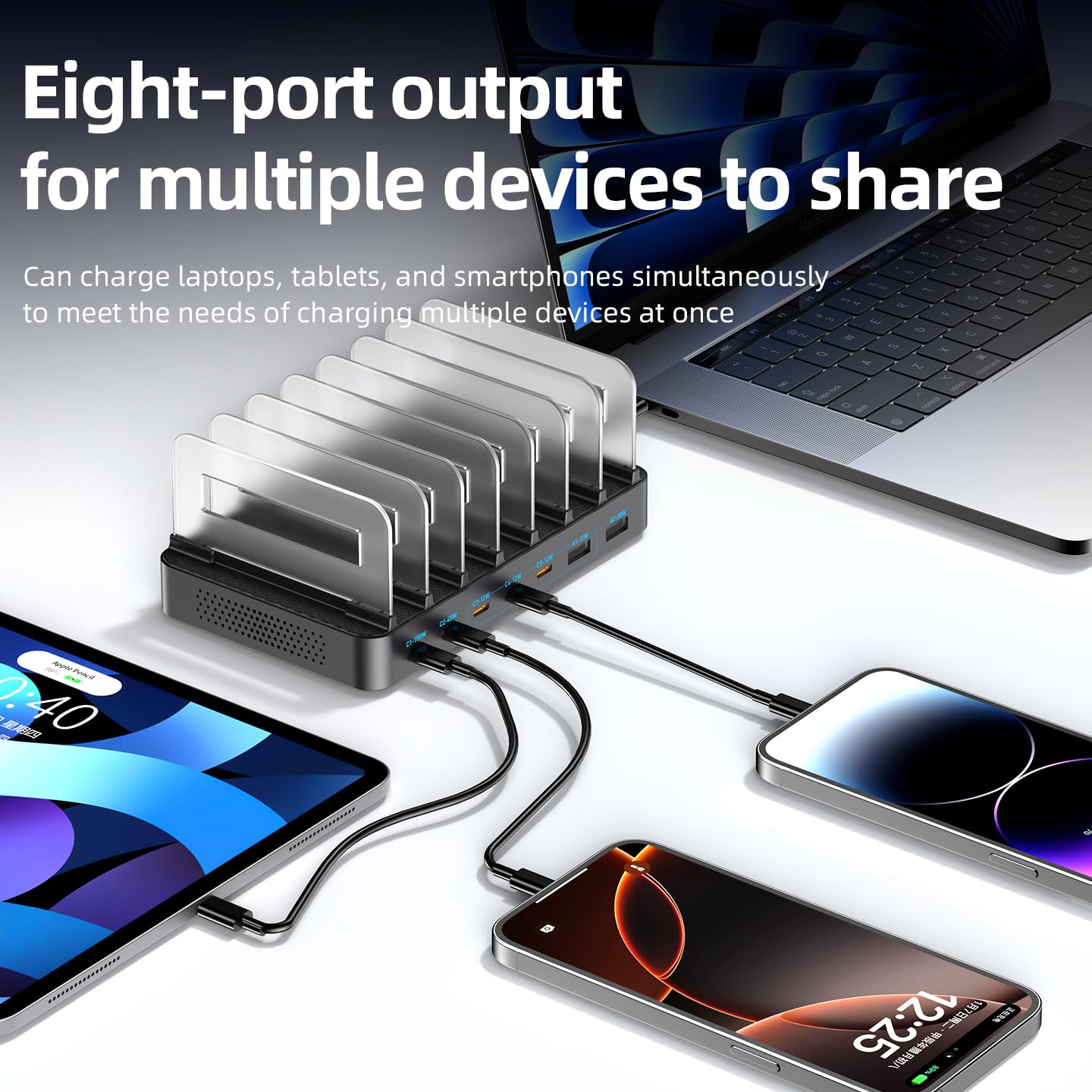 JINNOVA 288W GaN 8-Port USB Charging Station, Retractable Cable with Cooling Fan & Detachable Organizer for MacBook, iPhone, iPad, Samsung, Laptop