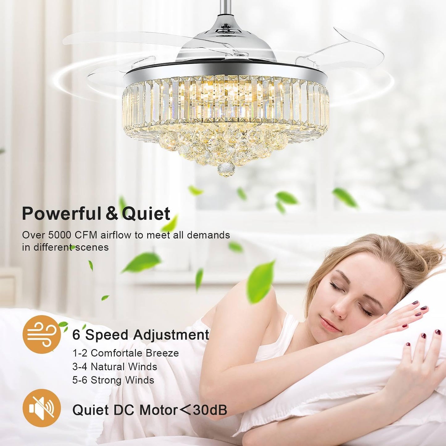 FIDGRA 42'' Fandelier Ceiling Fan with Light, Chandelier with Fan, Chrome