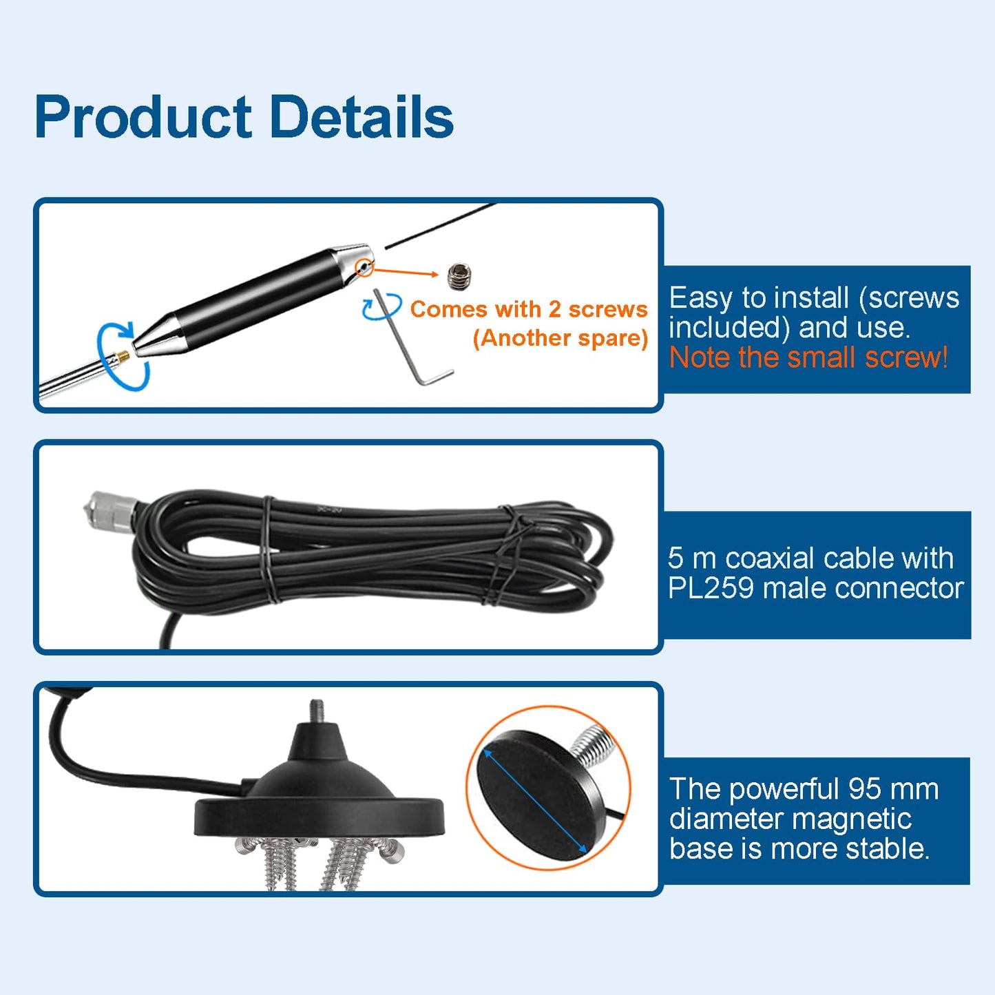 ZWEHKD 27MHz Mobile CB Radio Antenna Full Kit Heavy Duty Vehicle Magnetic Mount CB Antenna PL259 & BNC Male Connector Universal Fit Car Truck SUV