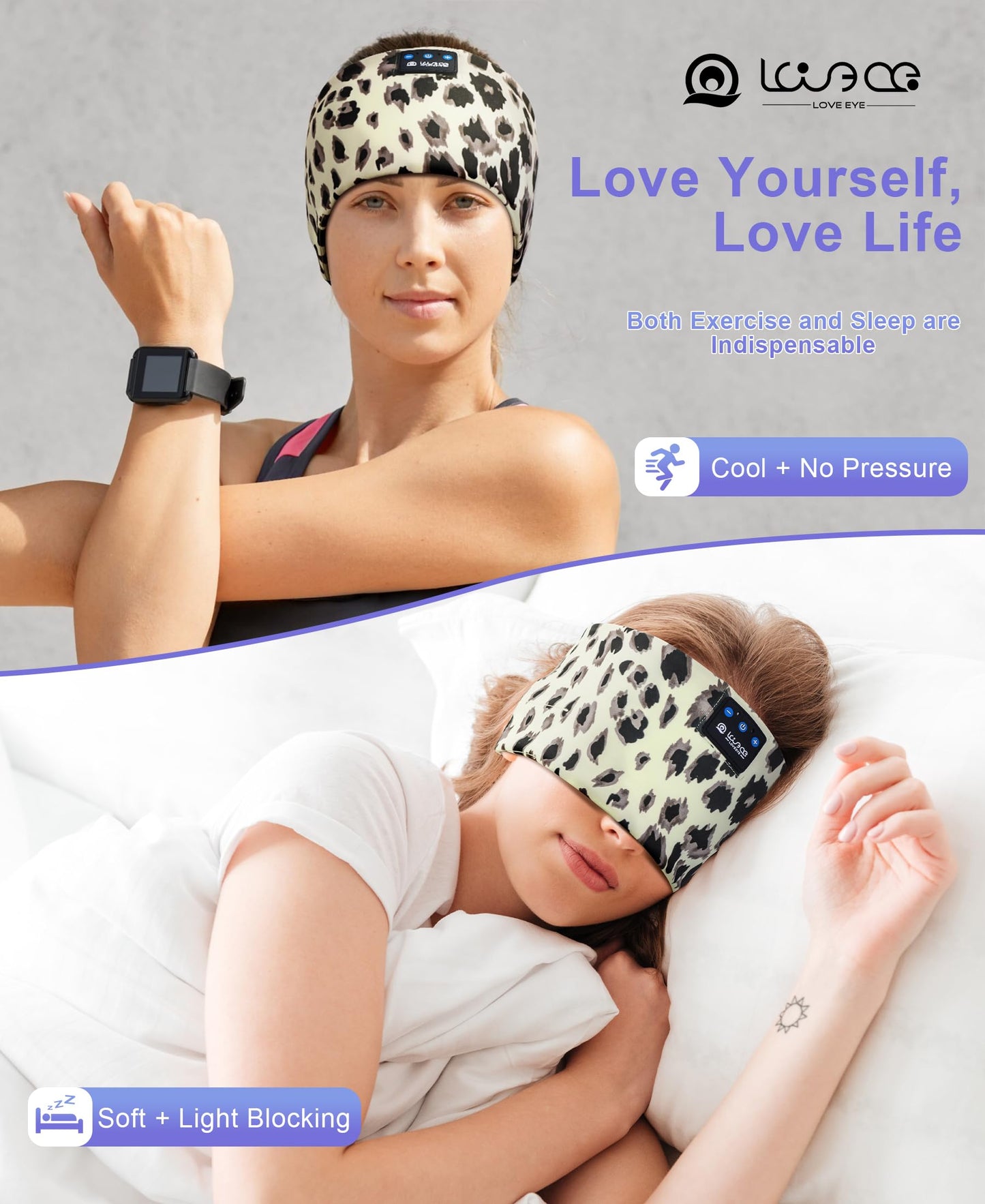 LOVE EYE Sleep Headphones Wireless Headband Headphones Bluetooth 5.4 for Side Sleeper Bluetooth Headband Earphones for Sports for tech Gadgets Gifts