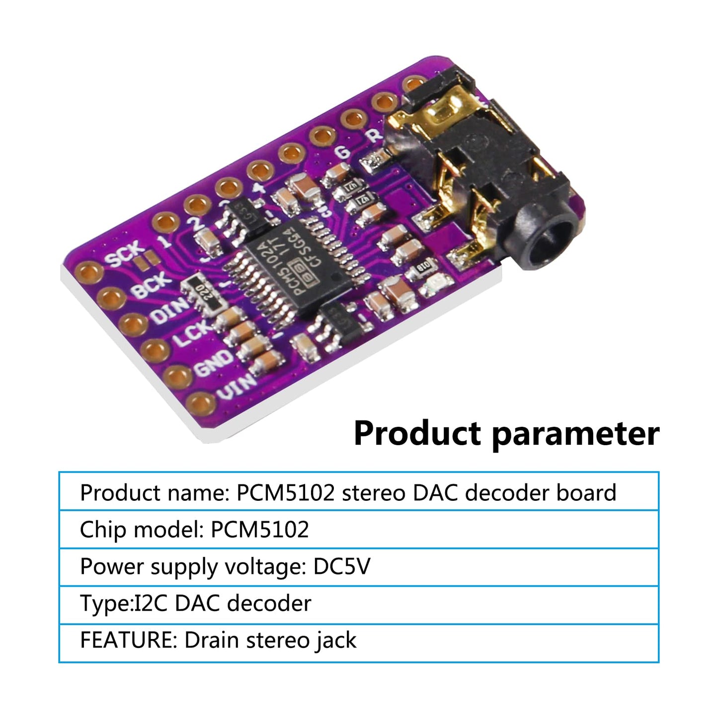 QCCAN Interface I2S PCM5102A DAC Decoder GY-PCM5102 I2S Player Module pHAT Format Board Digital PCM5102 Audio Board for Raspberry Pi