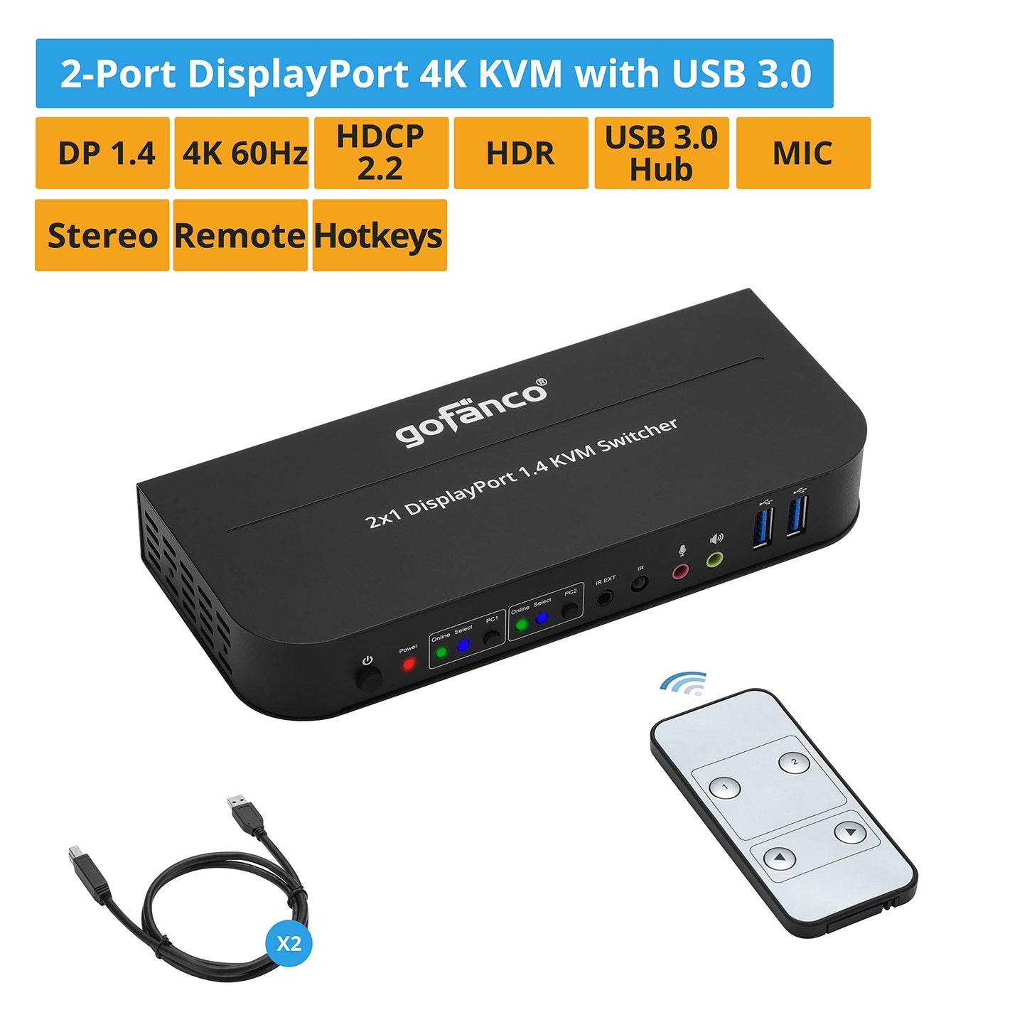 gofanco 2 Port 4K 60HZ DisplayPort KVM Switch with USB 3.0 - DisplayPort 1.4, 4K @60Hz 4:4:4, HDR, HDCP 2.2/1.4, USB Keyboard/Mouse, USB 3.0 Hub, MIC