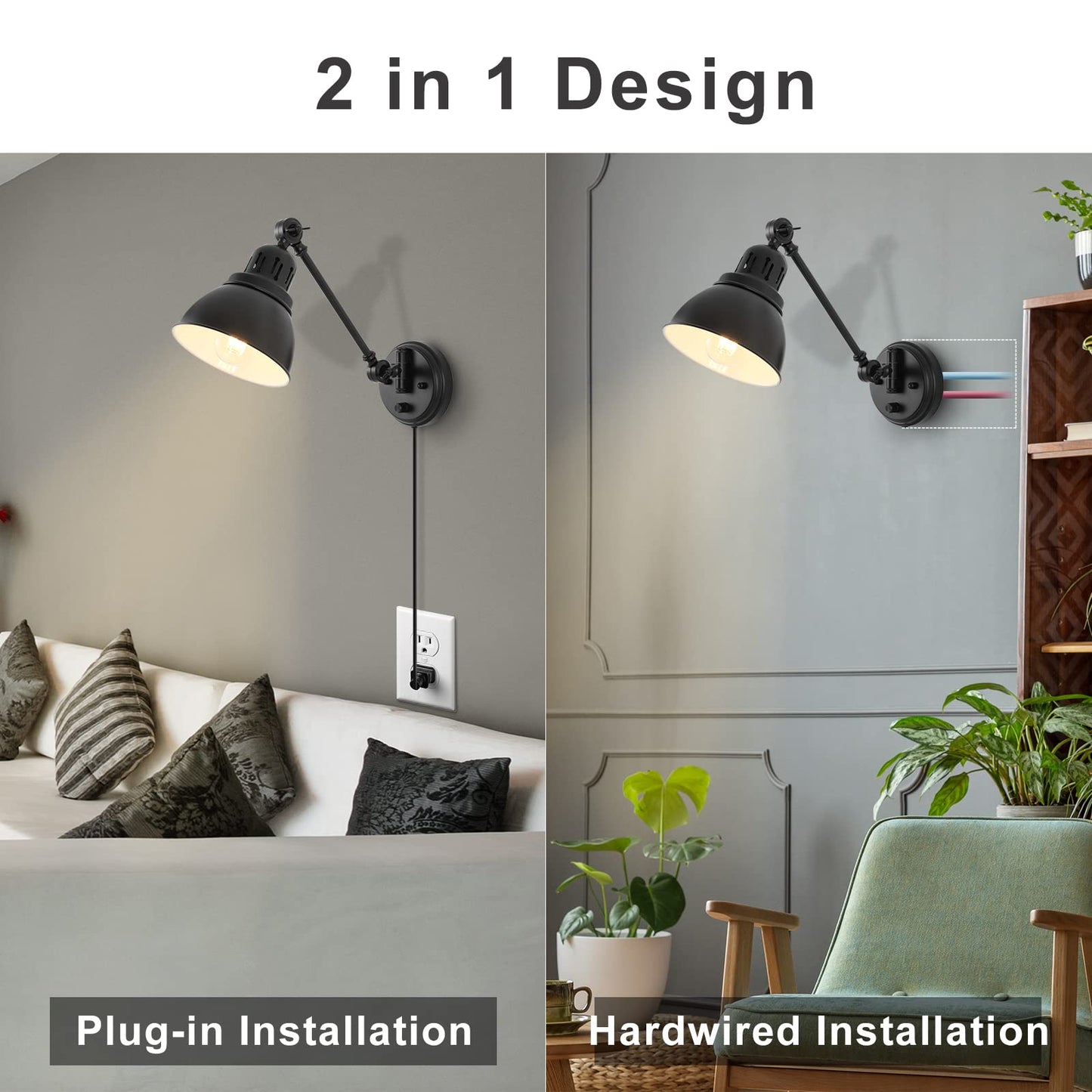 GOODATE Plug in Wall Sconces, Wall Sconce Lighting with Dimmable On Off Switch, Swing Arm Wall Lamp, Black Metal Industrial Wall Light Fixtures