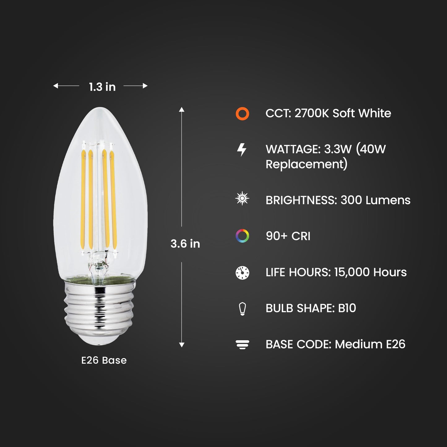 Feit Electric B10 Enhance LED Light Bulb, 40W Eq, Soft White, 2 Pack