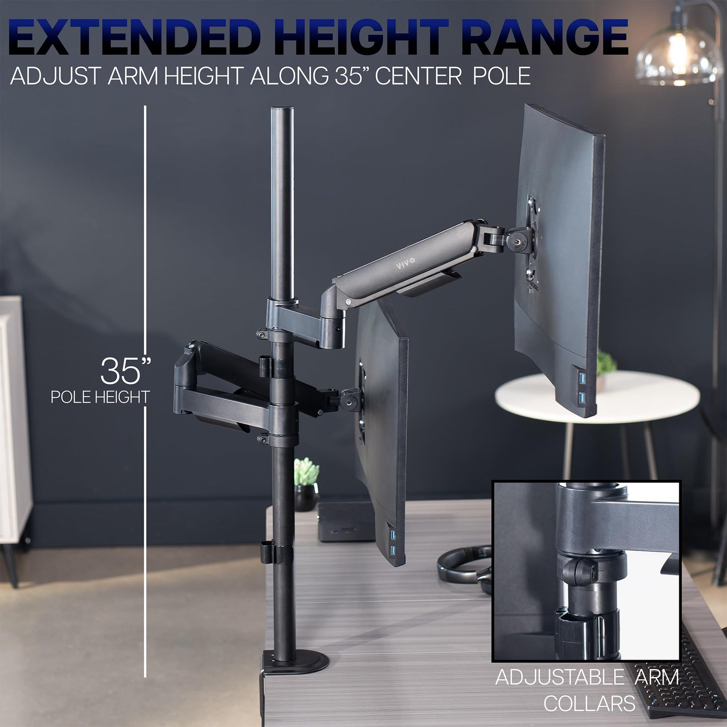 VIVO Dual Monitor Arm Extra Tall Mount for Screens up to 32 inches, Mechanical Height Adjustment, Full Articulating Heavy Duty VESA Stand with Desk
