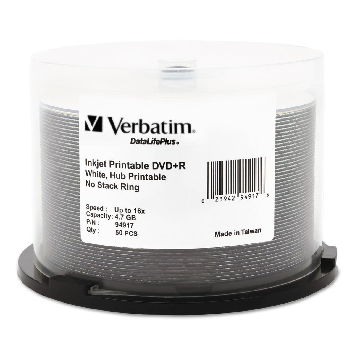 Verbatim DVD+R 4.7GB 16X DataLifePlus White Inkjet Printable, Hub Printable - 50pk Spindle - 94917, White