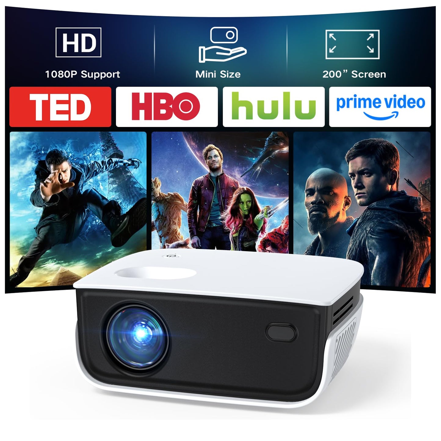 Mini Projector, NICPOW Upgrade Portable Outdoor Movie Projector, 1080P and 200" Supported Small Projector Compatible with TV Stick, Phone, PS5, HDMI