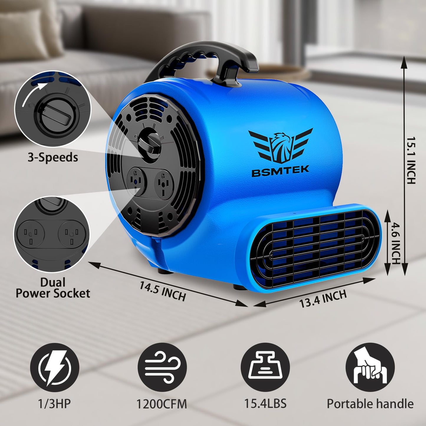 BSMTEK 1200CFM Air Mover Blower Fan, Industrial 1/3HP Monster Floor Blower Carpet Dryers - 3 Speeds Switch, 4 Adjustable Angles, 15FT Long Cord