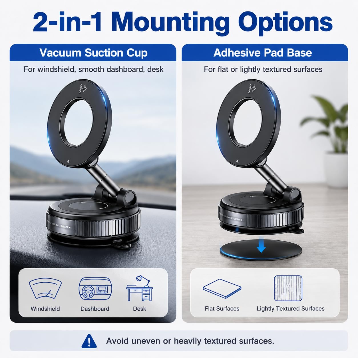 Vacuum Magnetic Car Phone Mount, 24 N52 Strong Magnets Car Phone Holder for MagSafe, 2-in-1 Suction Cup & Adhesive Pad Phone Holder for Car Dashboard