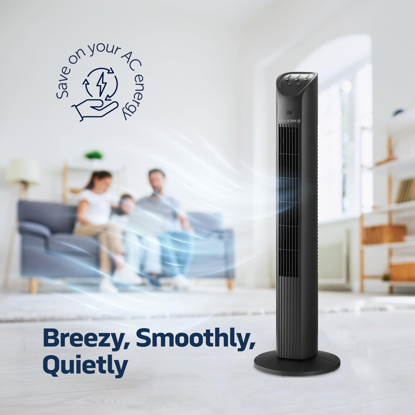 NEXAIR 42” Oscillating Tower Fan, 3 Speed Portable Fan Tower With Remote Control, Quiet Operating Floor Fan for Bedroom with 7.5 Hr Auto Off Timer