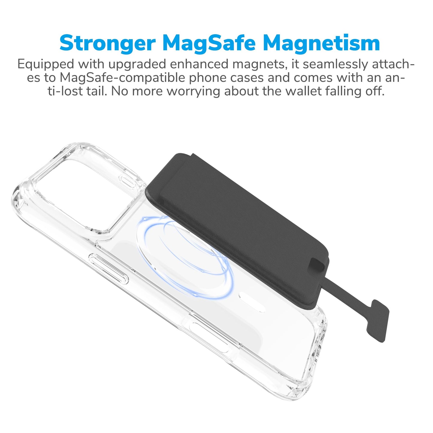 Wuwedo for MagSafe Wallet with Anti-drop Tail, 3 Card Holder, Slim Magnetic Phone Wallet for iPhone MagSafe Cases, Vegan Leather, Black