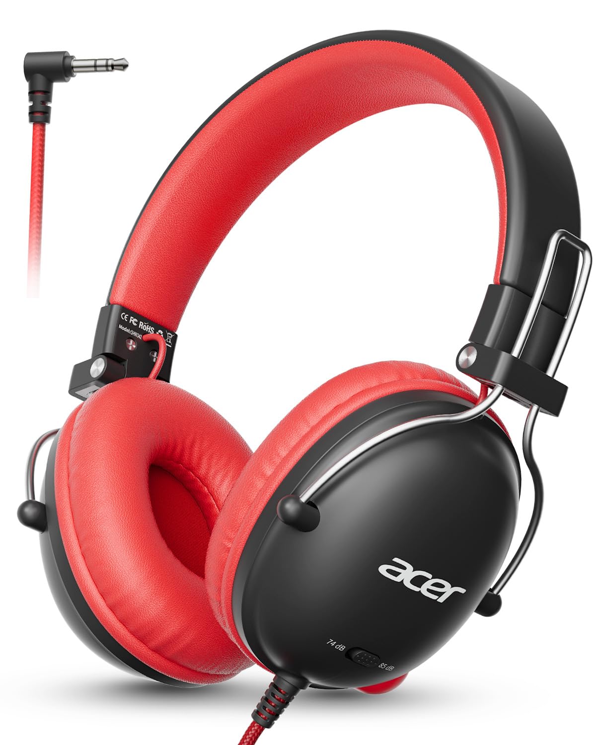 Acer Kids Headphones Wired for School, 74-85dB Limiter, Black Red OHW342