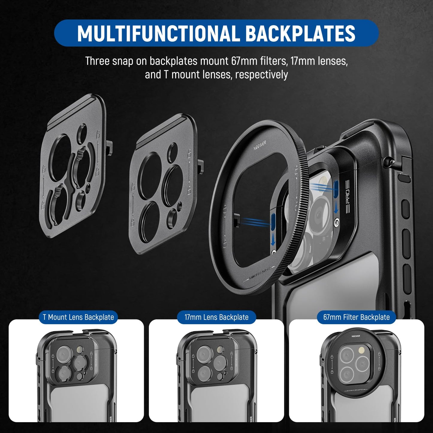 NEEWER 16 Pro Cage, Quick Release Video Rig Phone Stabilizer Compatible with iPhone 16 Pro with 67mm Filter Adapter, 17mm Lens Backplate, T Mount Lens