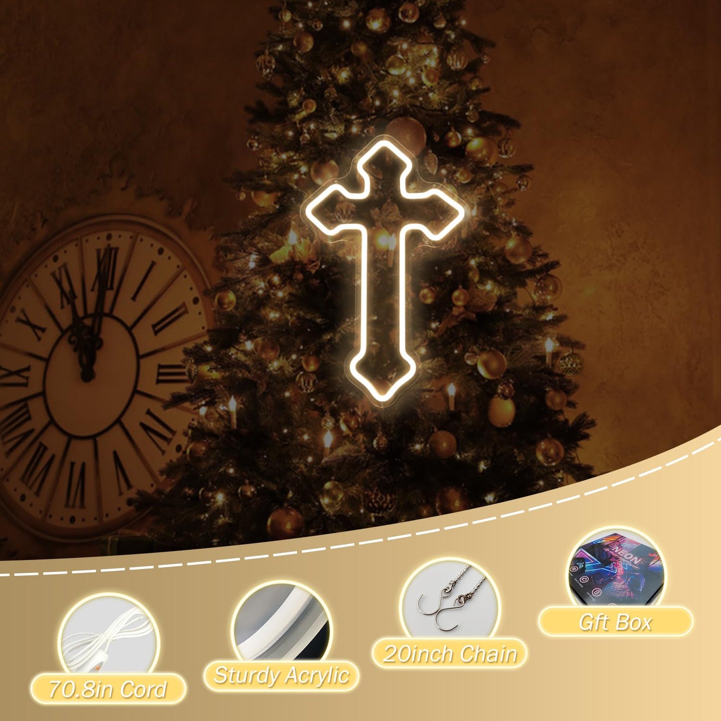 OvoNinn Cross Neon Sign Jesus Neon Lights Signs LED Light Sign for Wall Decor Dimmable Neon Cross Sign for Bedroom Living Room Wedding Warm White