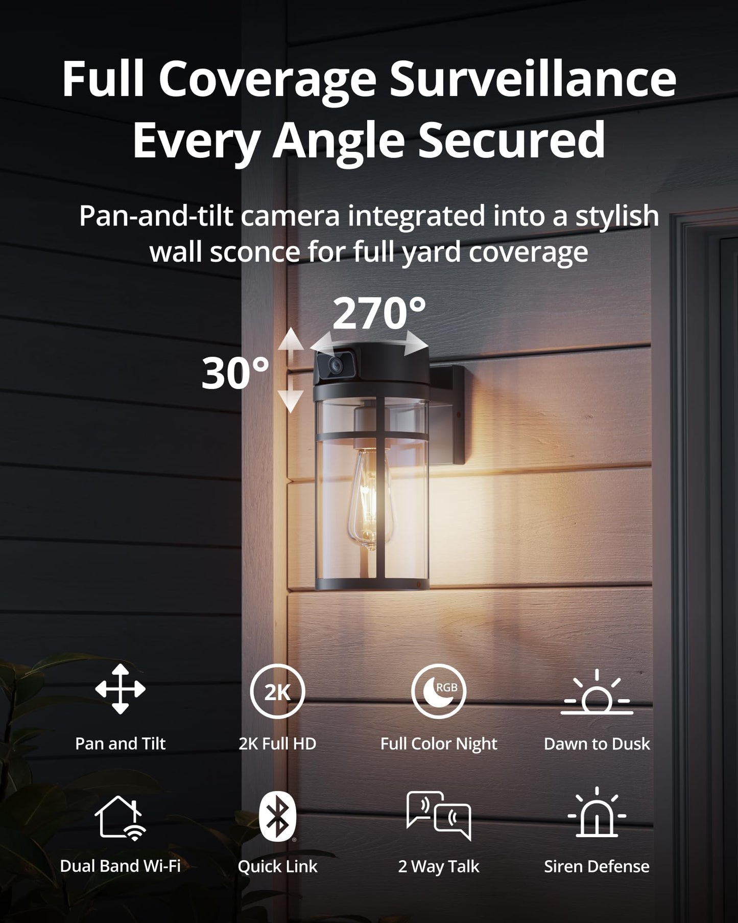 Jarnex Outdoor Porch Light Camera, 2K Wi-Fi Security Cam with AI Human Detection, Pan & Tilt, Dusk to Dawn, 2-Way Audio, Cloud/SD Storage, Wall