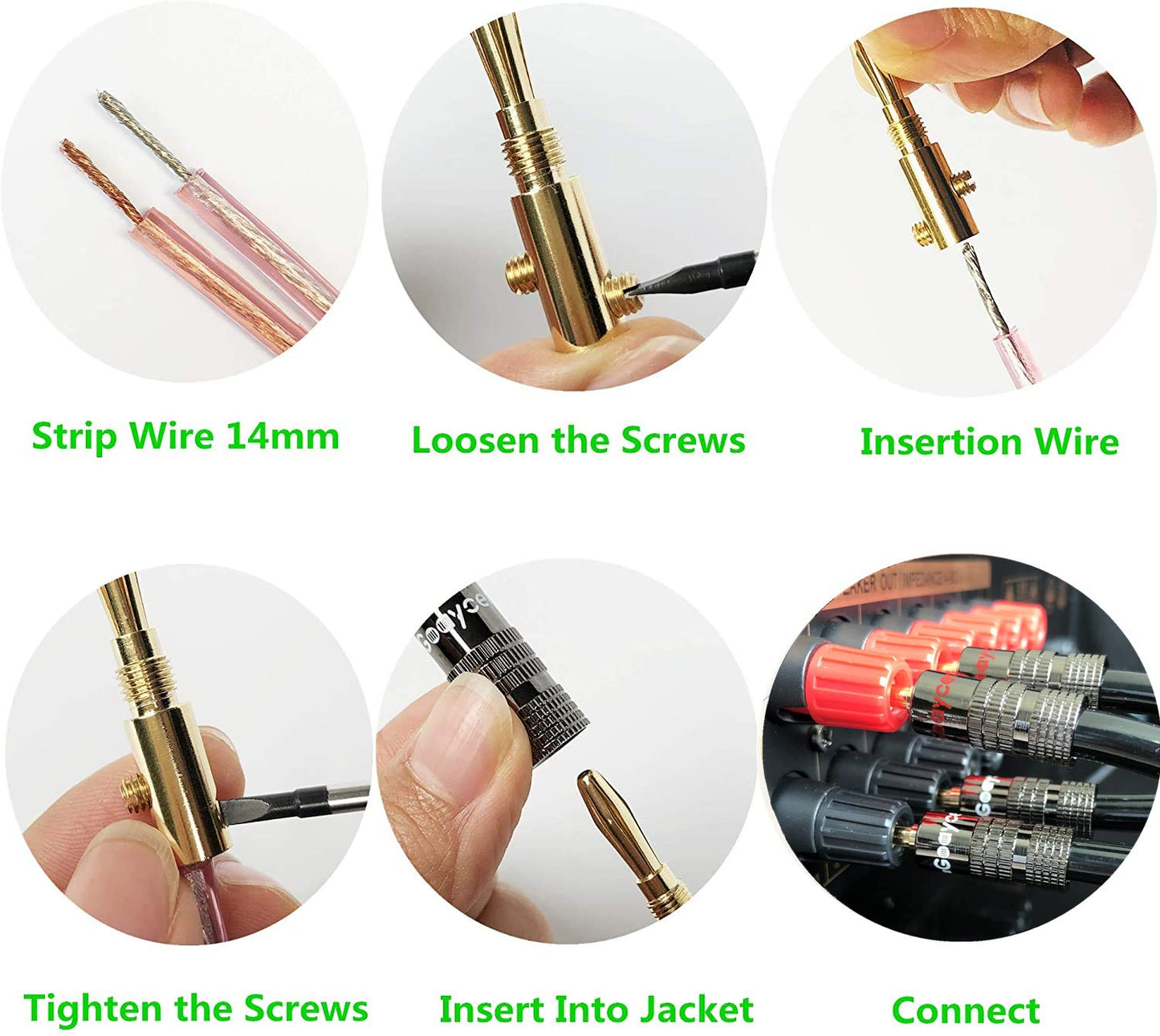 Goaycer Banana Plugs for Speaker Wire - 24K Gold Plated Banana Adapter Connector(6 Pairs/12 pcs)