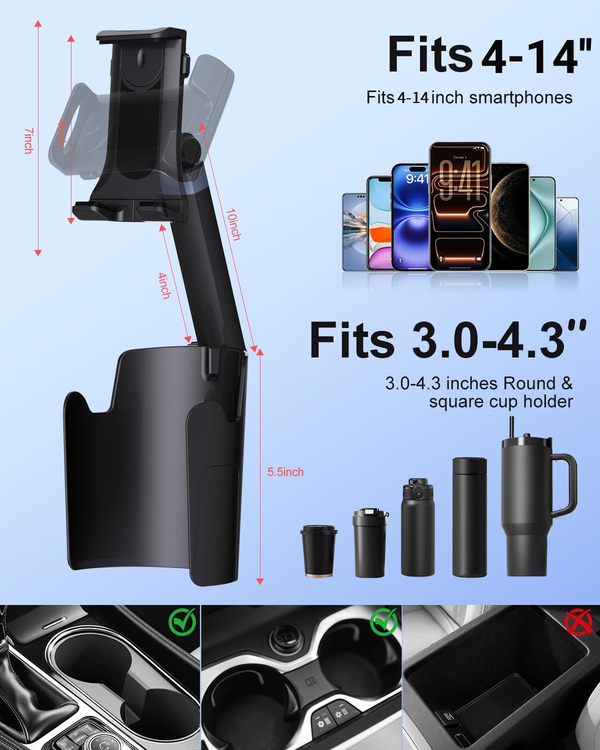 Vitog 2-in-1 Phone Holders for Your Car, Universal Cup Holder Phone Holder with 360° Rotation & Long Arm Mount, Car Phone Holder Compatible