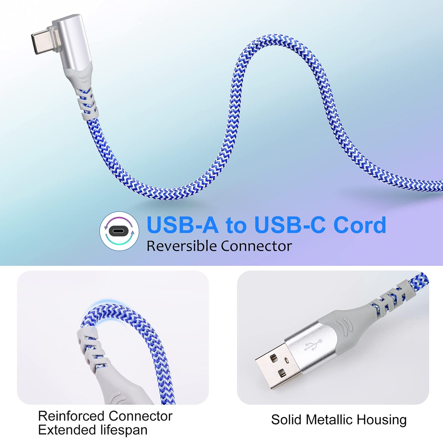 Eversame Right Angle USB C Cable(4-Pack 10ft), Nylon Braided USB A to USB C Charger Fast Charging Cord Compatible with Samsung Galaxy S24 S23 S8 S9