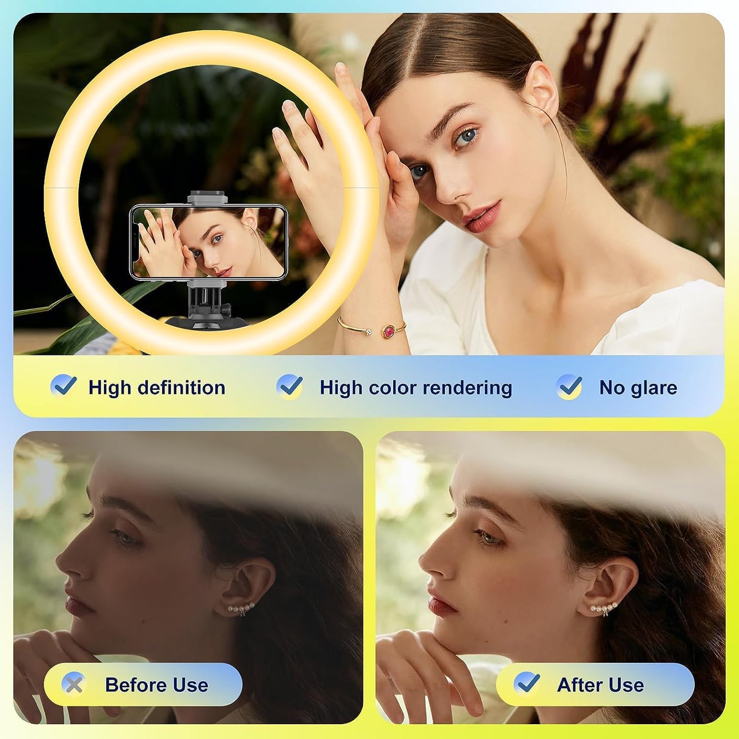 Aureday 14'' Selfie Ring Light with 62'' Tripod Stand and Phone Holder, Dimmable LED Phone Ringlight for Makeup/Video Recording/Photography, Circle