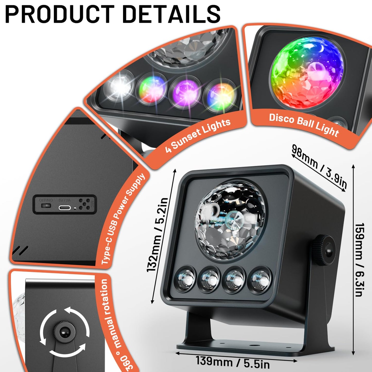 Disco Ball Light Party Lights, Sunset Lamp Dj Disco Light with 6 Working Modes 5 DIY Button Strobe Light Stage Lights Remote Control Disco Ball Lamps