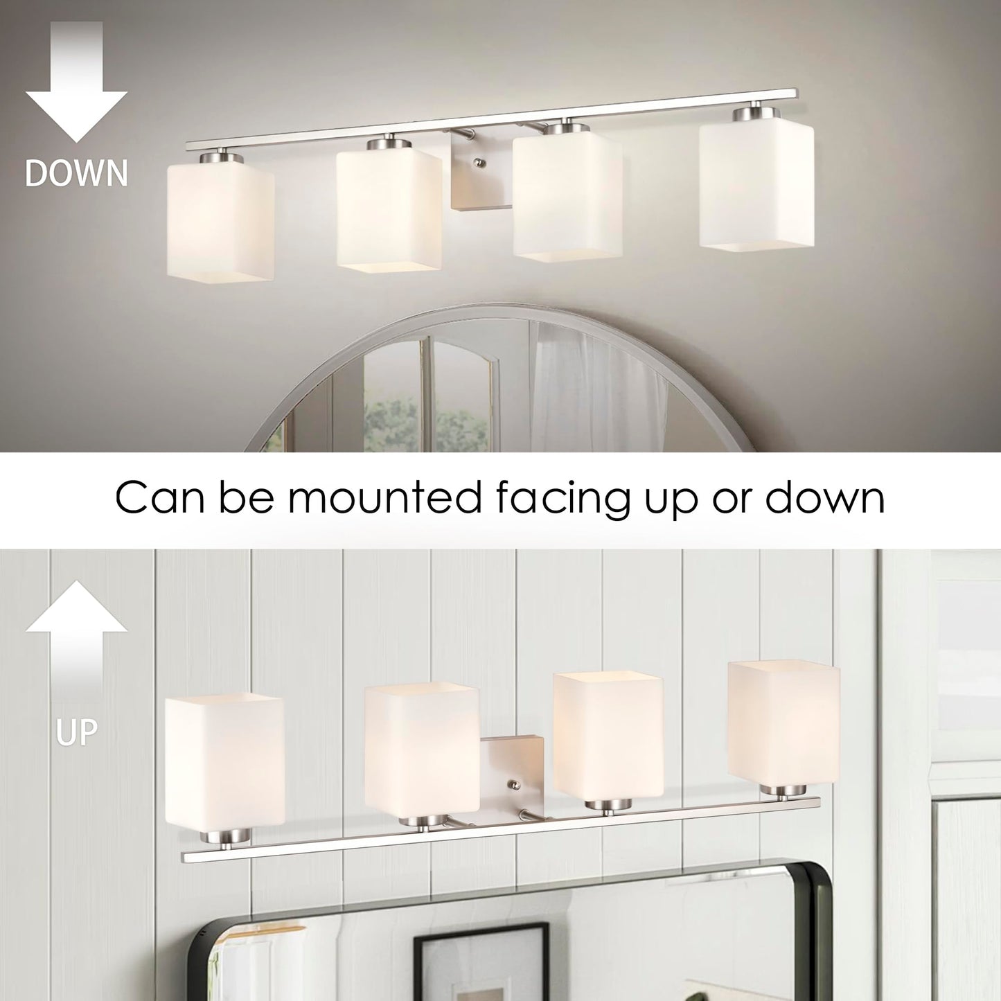 Edvivi Bathroom Light Fixtures, 4-Light Modern Brushed Nickel Vanity Light Over Mirror, Wall Sconces with Square White Glass Shades for Living Room