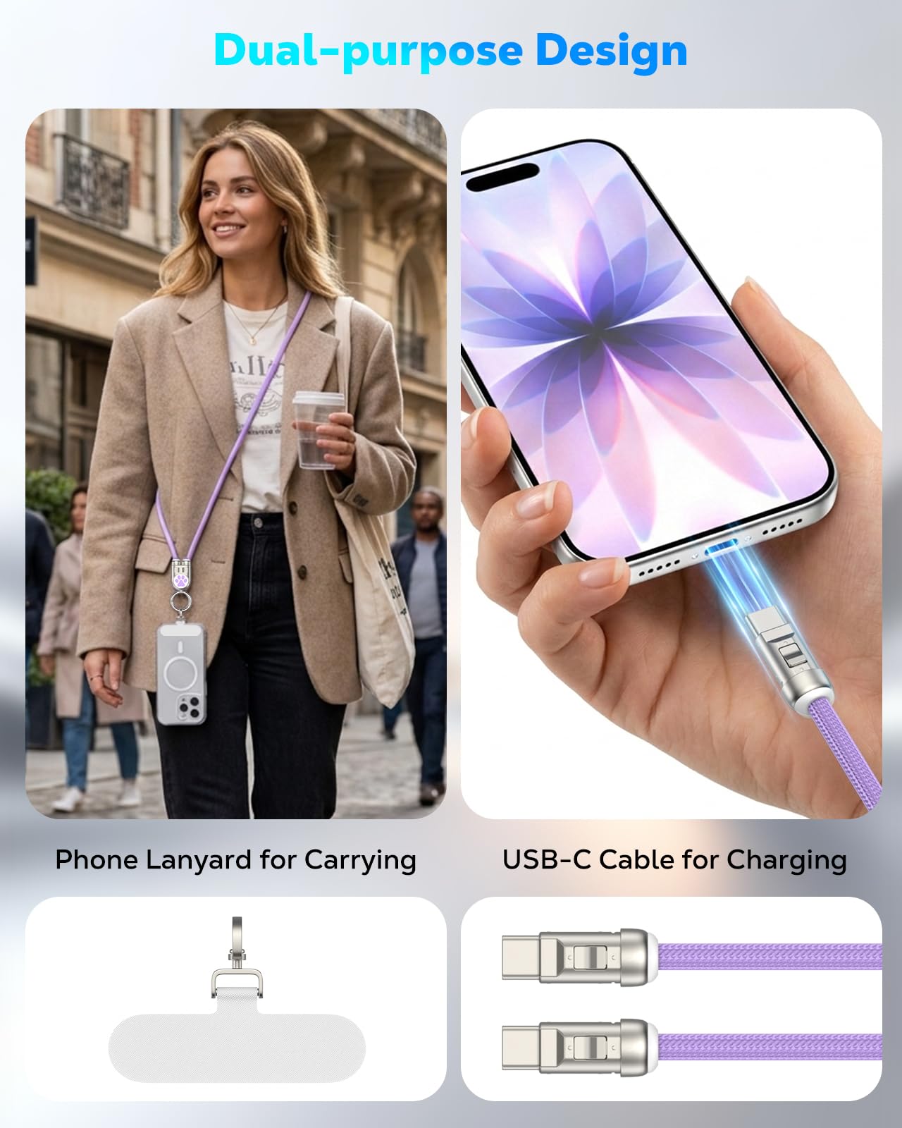 MoKo Phone Lanyard Crossbody Charging Cable, USB-C to USB-C Cable with 240W Fast Charging, 3.93FT Anti Theft Phone Strap for iPhone/Samsung/Android