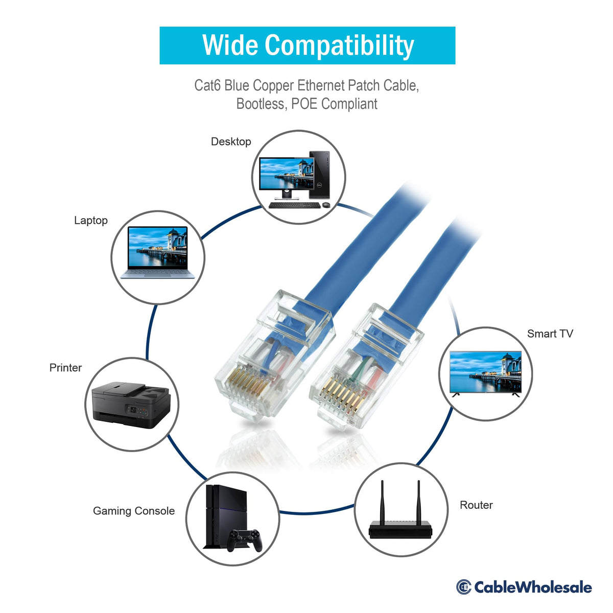 CableWholesale Cat6 UTP Ethernet Cable, Bootless, PoE, 50 ft, Blue