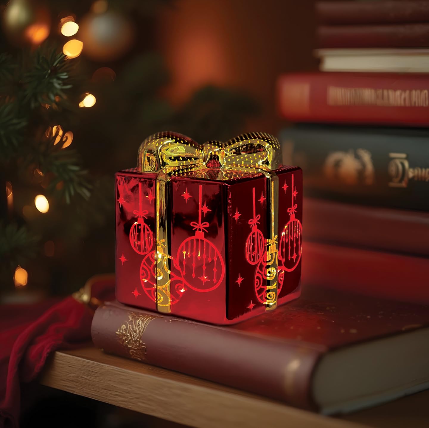 Old World Christmas Lit Ornamental Glass Gift Box, Ceramic Christmas Decoration, Festive Light Up Tabletop Holiday Display