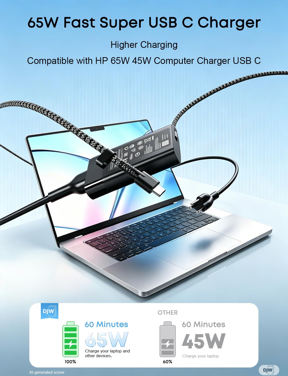 DJW 65W USB C Laptop Charger Compatible with HP Spectre x360,Envy,Elitebook x360,Pavilion, Elite x2,Chromebook,Omnibook,Dragonfly,Zbook,ProBook Travel
