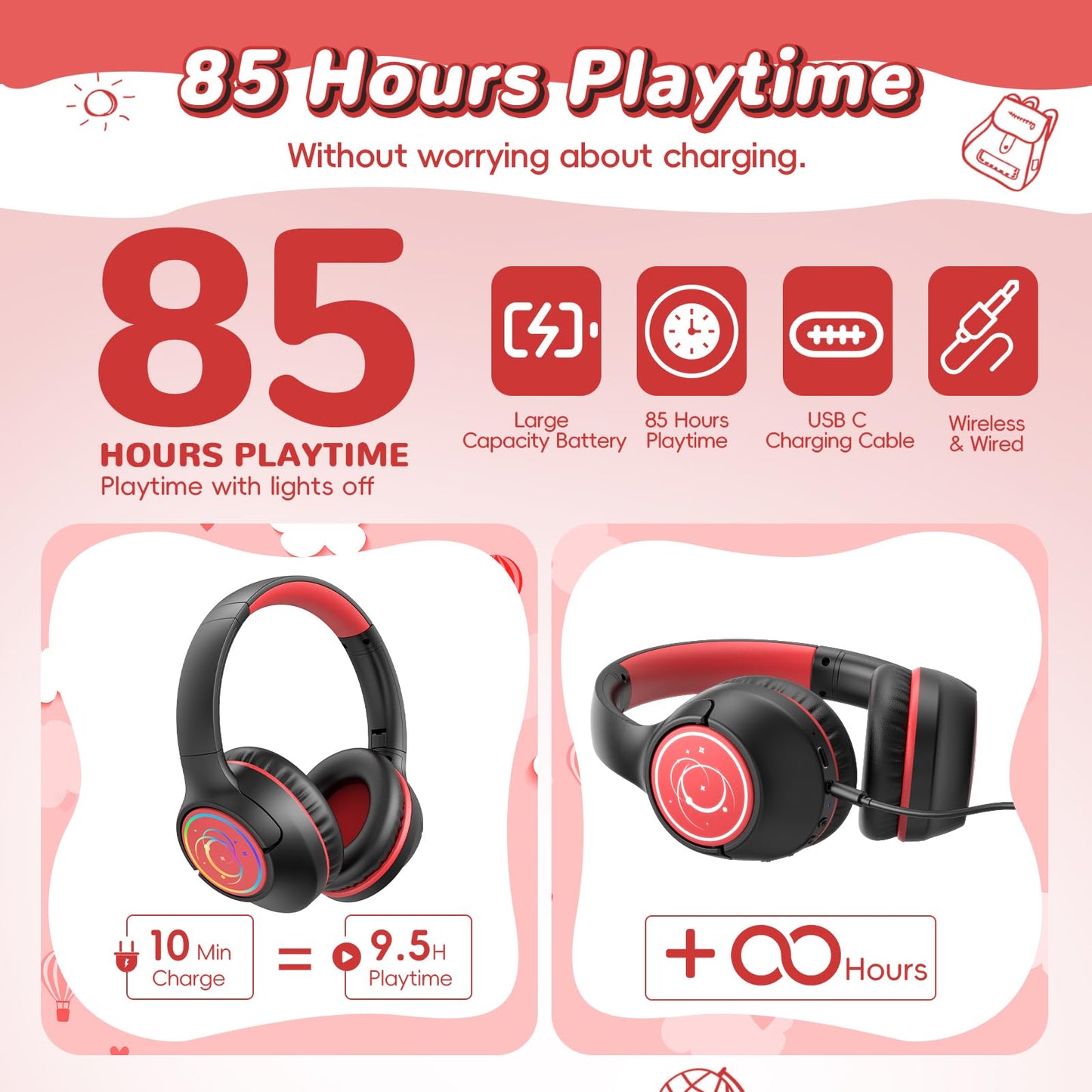 Kids Bluetooth Headphones, 85H Playtime for Toddler Boys, Black with LED