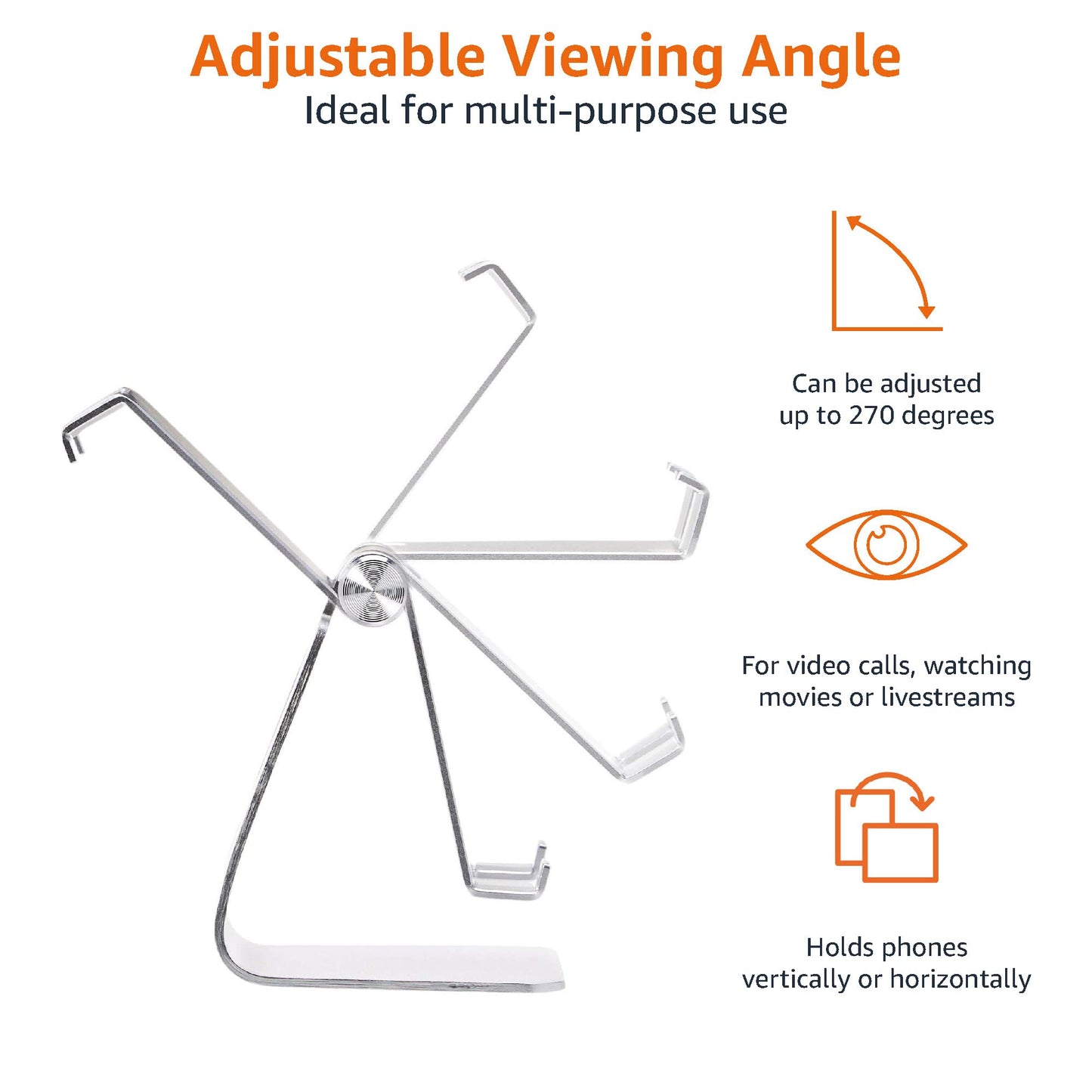 Amazon Basics Adjustable Aluminum Phone Stand for Cell Phones, iPhone and Android, Desktop Phone Holder with Adjustable Angle, Hands-Free Viewing