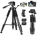 74'' Camera Tripod, Fotopro Lightweight Aluminum Travel Tripod for DSLR Camera and Phone with Detachable 3-Way Pan-Tilt Head Carry Bag and Mount Phone