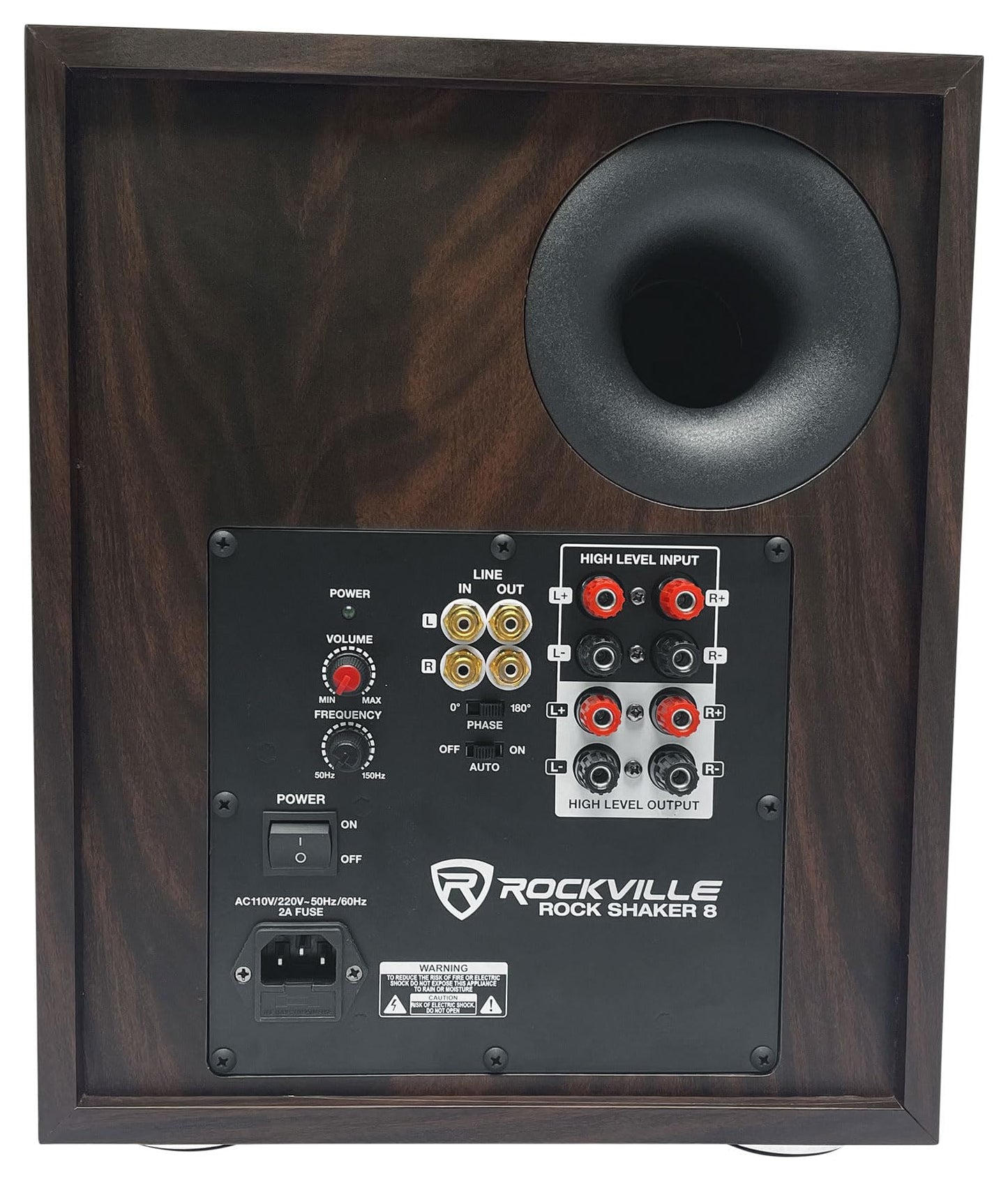 Rockville Rock Shaker Dark Wood 400W 8-Inch Powered Subwoofer, Deep Bass, Adjustable Controls, Stylish Finish, for Home Theater and Music