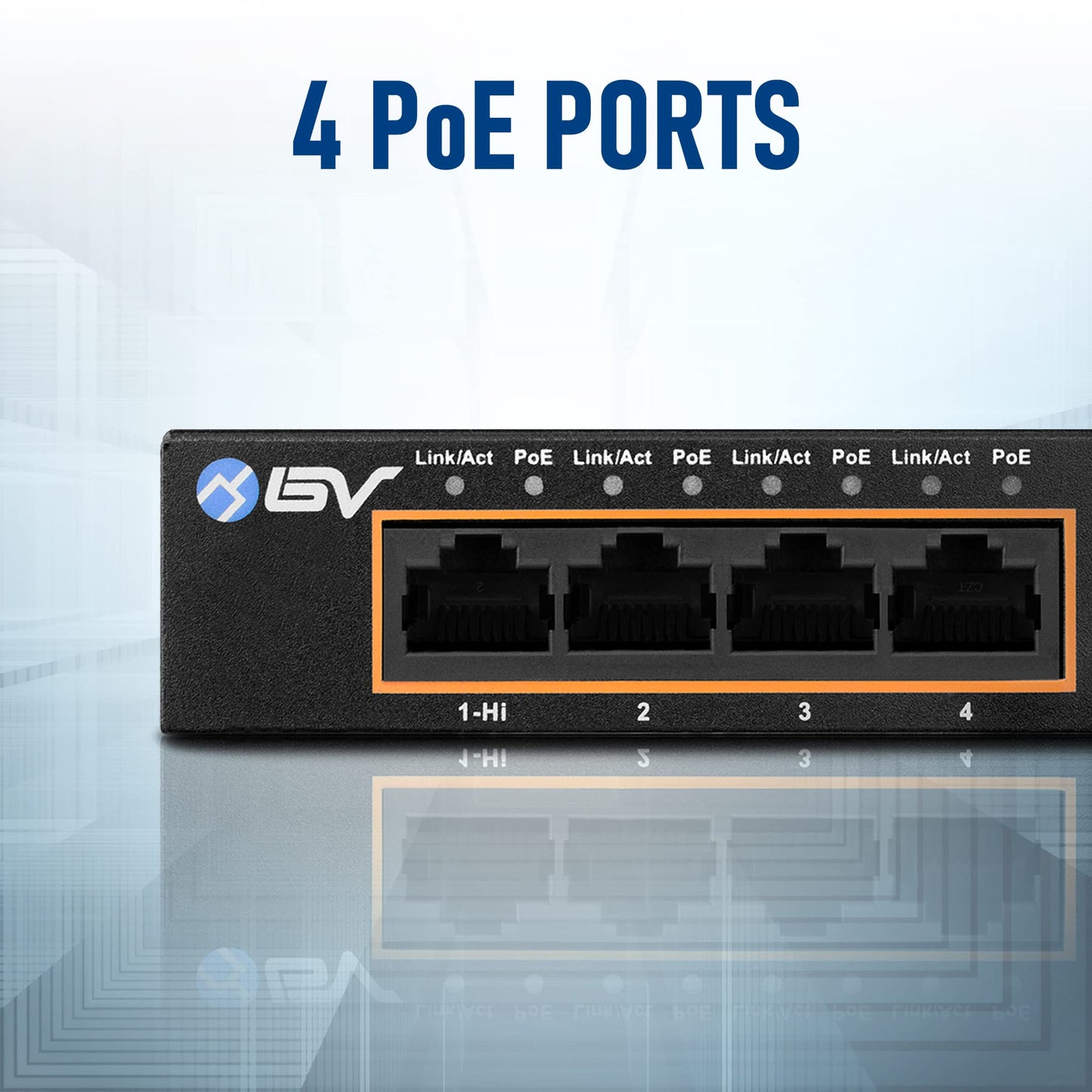 BV-Tech 6 Port PoE+ Switch 4 PoE+ Gigabit Ports with 2 Gigabit Uplink - 60W - 802.3at + 1 High PowerPort | Desktop Fanless Design | Sturdy Metal