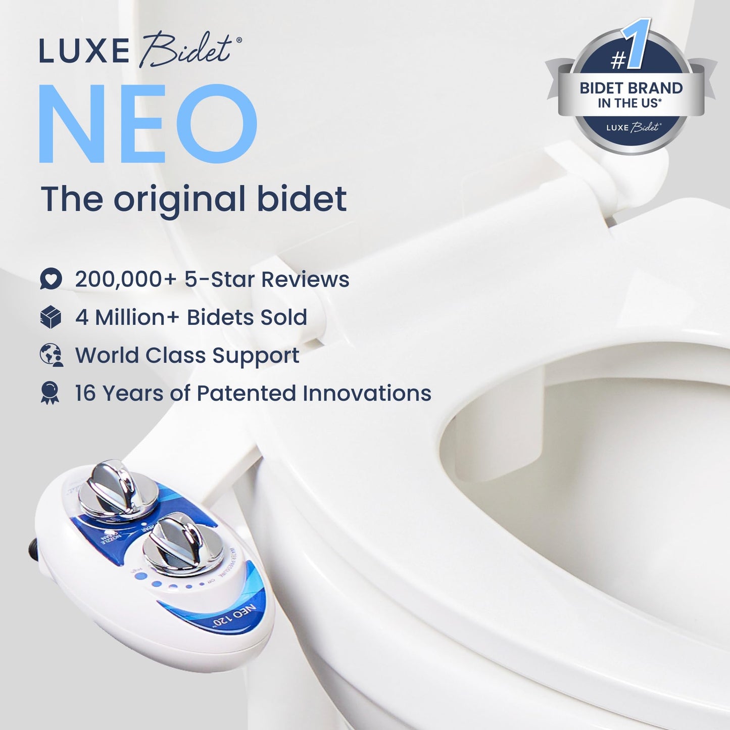LUXE Bidet NEO 120 - Self-Cleaning Nozzle, Fresh Water Non-Electric Bidet Attachment for Toilet Seat, Adjustable Water Pressure, Rear Wash (Blue)