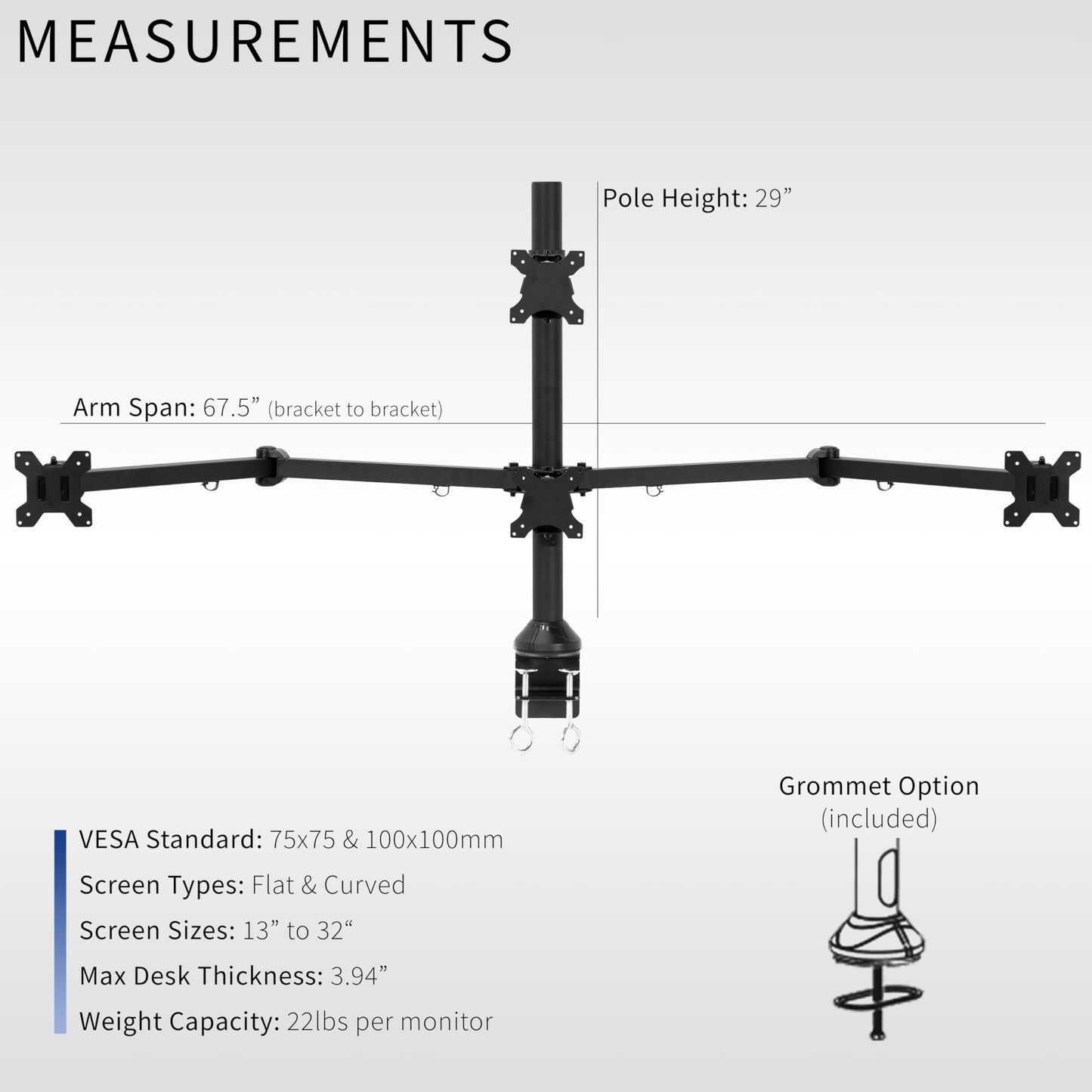 VIVO Quad Monitor 13 to 32 inch LED LCD Clamp-on Desk Mount, 3 Plus 1 Articulating VESA Computer Stand, Holds 4 Screens, Fully Adjustable for Home