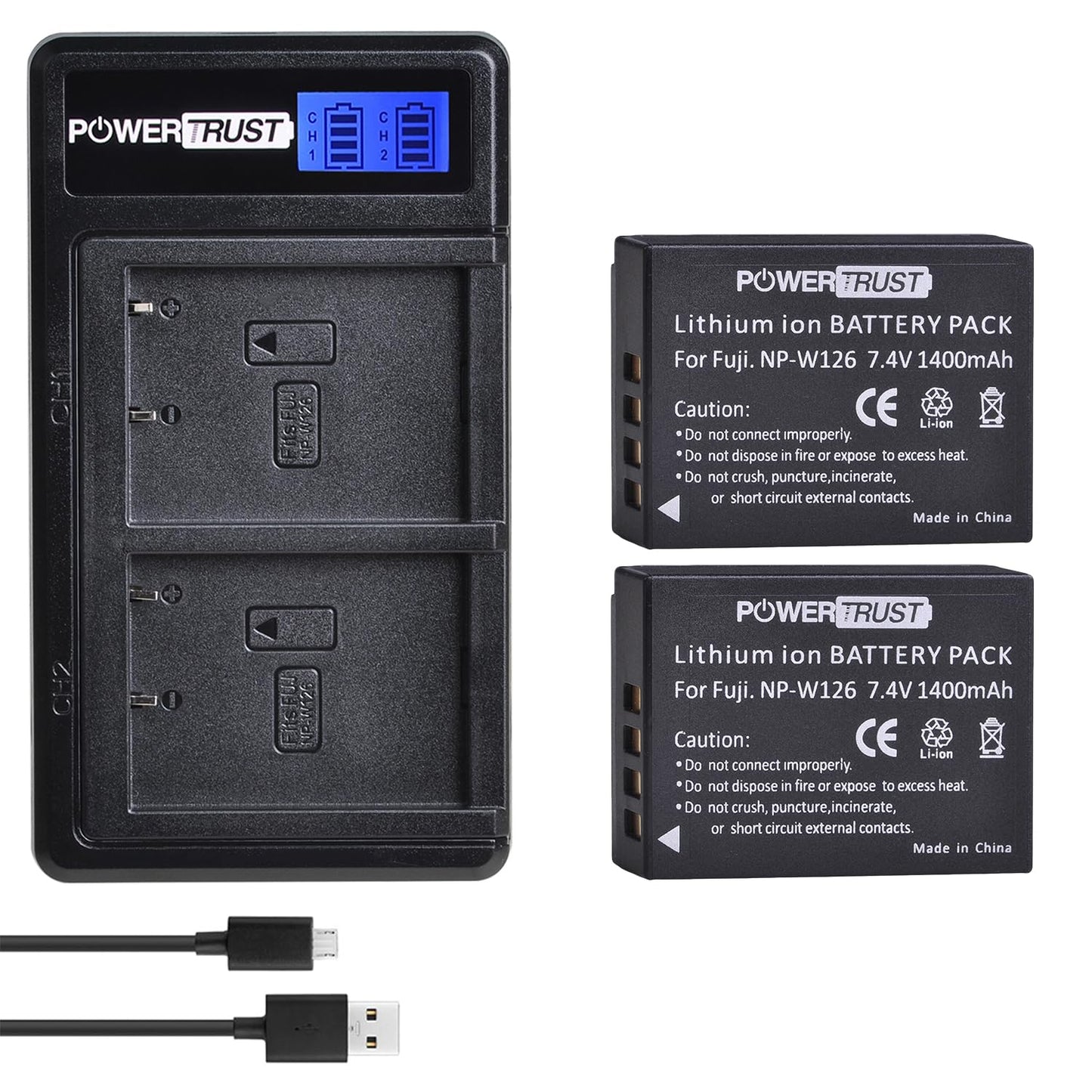 PowerTrust 2 Pack NP-W126 NP W126 Camera Battery and LCD USB Dual Charger for Fuji NPW126 X-T10 XT10 X-Pro1 XPro1 X-T1 XT1, HS30 33 35 5
