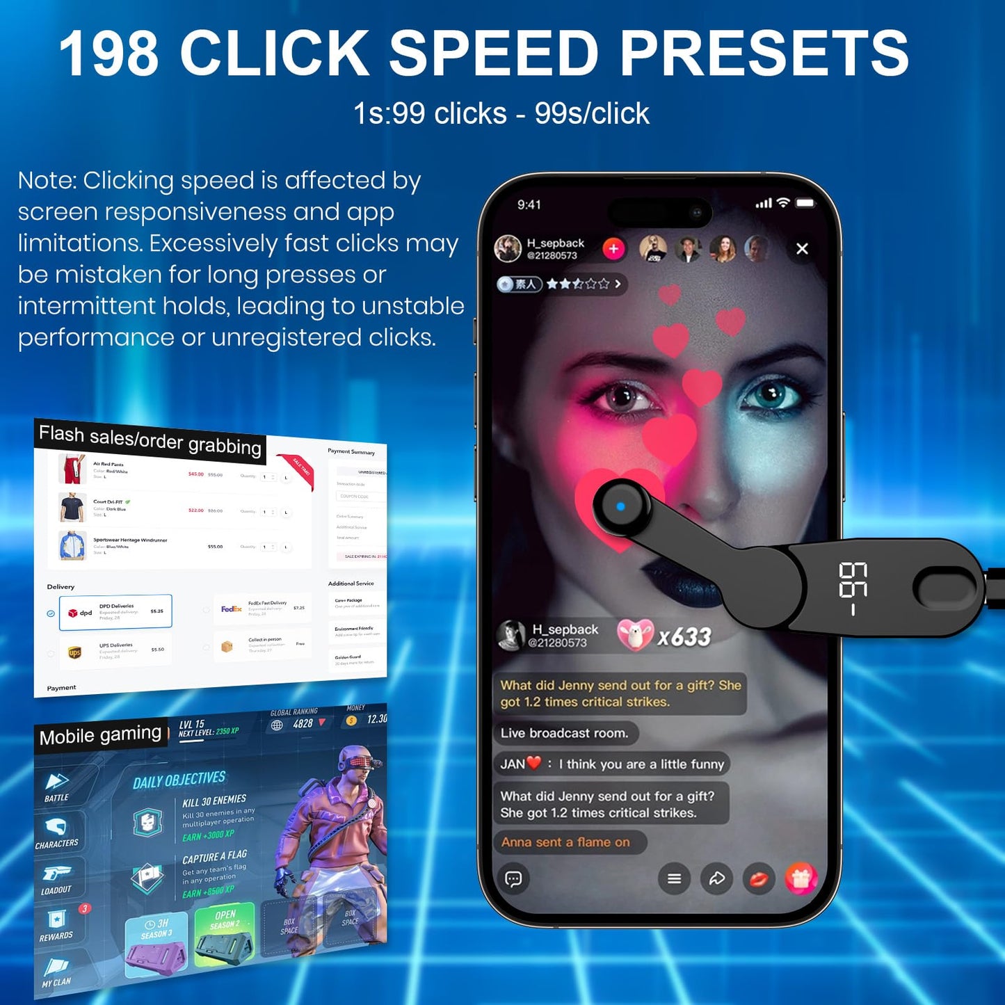 Auto Clicker Smart Tapper for iPhone iPad Android TikTok - Auto Touch Device with Adjustable Speed, Instant Clicker for Live Stream Likes, Social