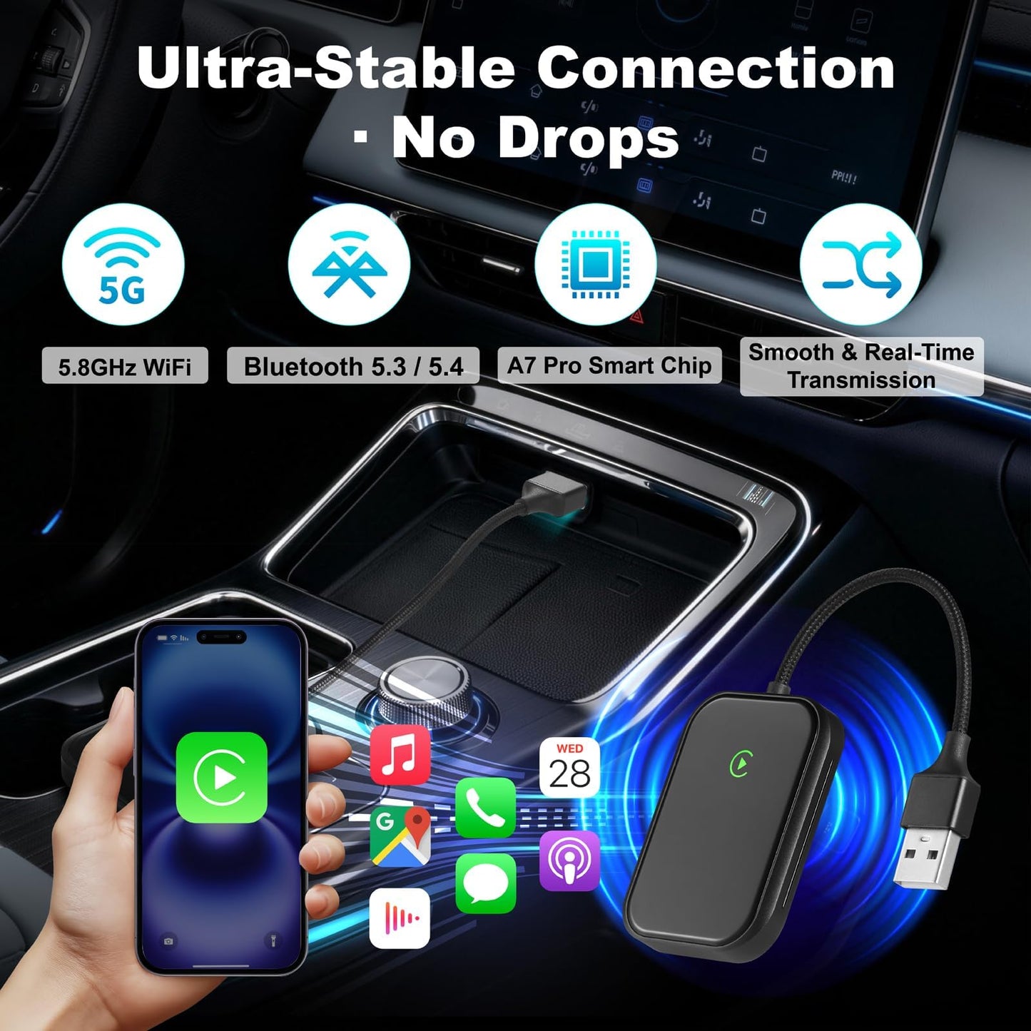 Wireless CarPlay Adapter for iPhone, Apple CarPlay Wireless Adapter USB-C, Bluetooth Connection, Auto-Switch for Multiple iPhones, Fast & Stable, iOS