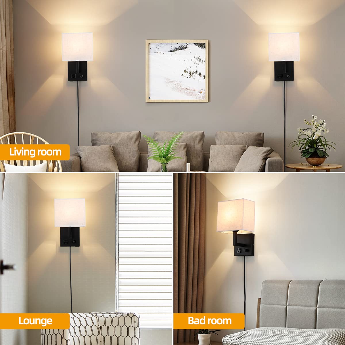 Plug in Wall Sconce, Bedside Wall lamp with Plug and dimmable Switch, with USB Charging Port and Socket, Suitable for Hotel, Corridor, Living Room